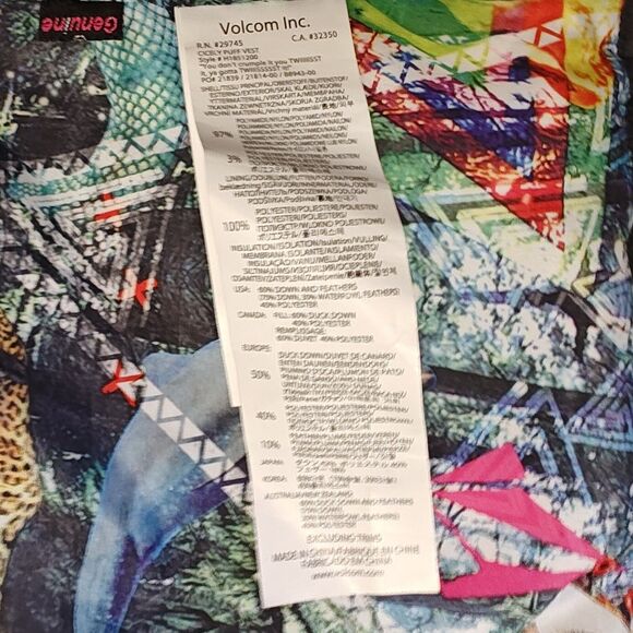 Volcom Down Puffer Vest Women's Large Hooded Sleeveless Printed Lining Black - Picture 7 of 11